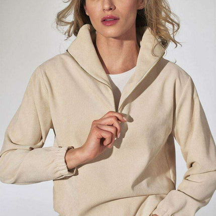 Chic Beige Corduroy Collared Sweatshirt with Trendy Zipper Detail - Très Elite