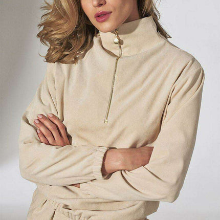 Chic Beige Corduroy Collared Sweatshirt with Trendy Zipper Detail - Très Elite