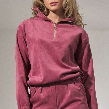 Chic Beige Corduroy Collared Sweatshirt with Trendy Zipper Detail - Très Elite