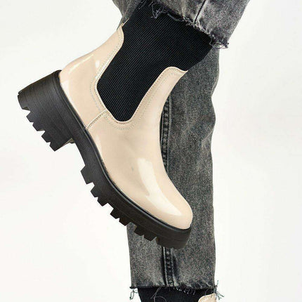 Chic Beige Glossy Leather Slip-On Booties for Fashion-Forward Women