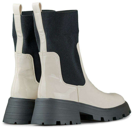Chic Beige Glossy Leather Slip-On Booties for Fashion-Forward Women - Très Elite