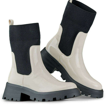 Chic Beige Glossy Leather Slip-On Booties for Fashion-Forward Women - Très Elite