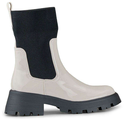 Chic Beige Glossy Leather Slip-On Booties for Fashion-Forward Women - Très Elite