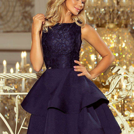 Chic Beige Lace Formal Dress with Dramatic Flare - Très Elite