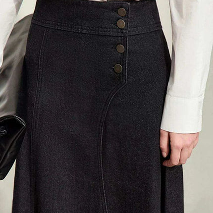 Chic Black A-Line Denim Skirt for Women - Stylish Autumn Essential with Button Front and Trendy Split Detail - Très Elite