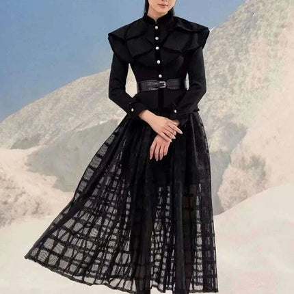 Chic Black Coat and Tulle Skirt Set with Floral Detail for Women - Fall 2024 Collection 13DB1739