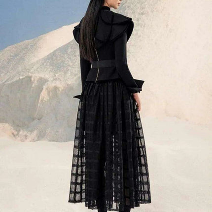 Chic Black Coat and Tulle Skirt Set with Floral Detail for Women - Fall 2024 Collection 13DB1739