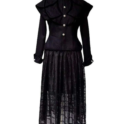 Chic Black Coat and Tulle Skirt Set with Floral Detail for Women - Fall 2024 Collection 13DB1739