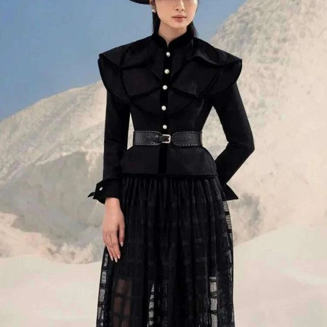 Chic Black Coat and Tulle Skirt Set with Floral Detail for Women - Fall 2024 Collection 13DB1739