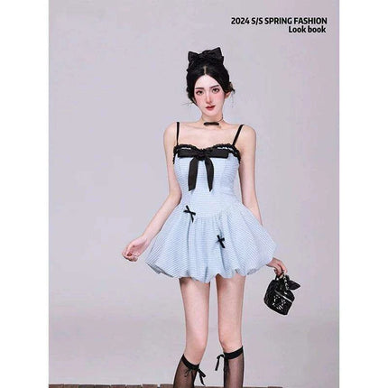 Chic Black Ensemble: Long Sleeve Cardigan & Bow-Detail Mini Dress - Y2K Korean Fashion for Summer 2024 - Très Elite