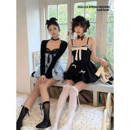 Chic Black Ensemble: Long Sleeve Cardigan & Bow-Detail Mini Dress - Y2K Korean Fashion for Summer 2024 - Très Elite