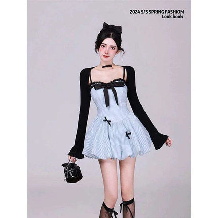Chic Black Ensemble: Long Sleeve Cardigan & Bow-Detail Mini Dress - Y2K Korean Fashion for Summer 2024