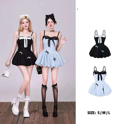 Chic Black Ensemble: Long Sleeve Cardigan & Bow-Detail Mini Dress - Y2K Korean Fashion for Summer 2024 - Très Elite