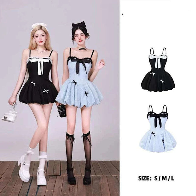 Chic Black Ensemble: Long Sleeve Cardigan & Bow-Detail Mini Dress - Y2K Korean Fashion for Summer 2024