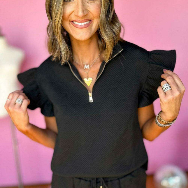 Chic Black Flutter Sleeve Top and Wide-Leg Trousers Ensemble