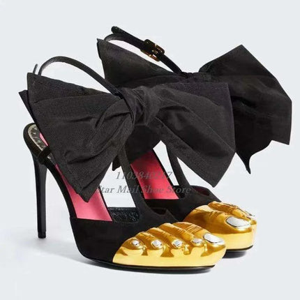 Chic Black High-Heeled Mules with Gold Highlights and Butterfly Bow Accent - Très Elite