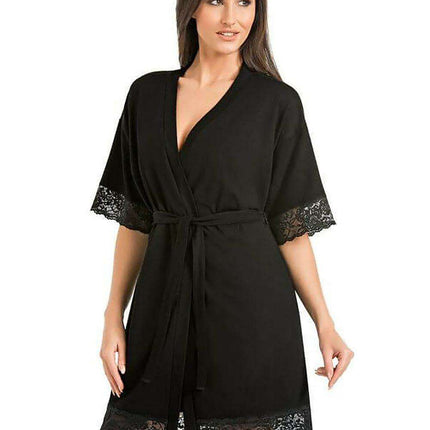 Chic Black Lace Trimmed Women's Bathrobe - Très Elite