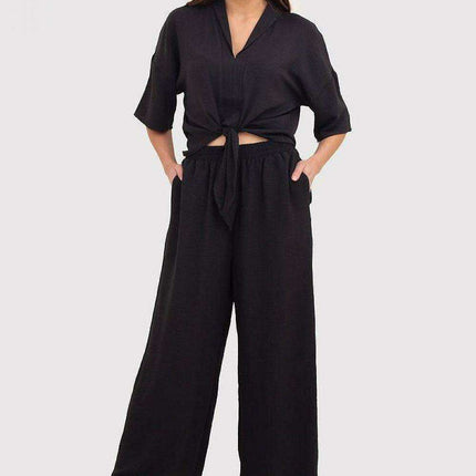 Chic Black Linen Trousers with Elastic Waistband - Très Elite