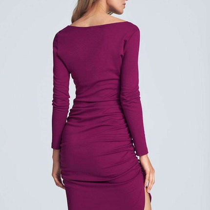 Chic Black Midi Dress with Sheer Neckline, Pleats, and Long Sleeves - Très Elite