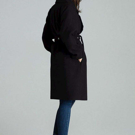 Chic Black Overcoat with Fashionable Waistbelt and Wide Lapels - Très Elite