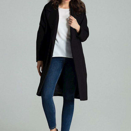 Chic Black Overcoat with Fashionable Waistbelt and Wide Lapels - Très Elite