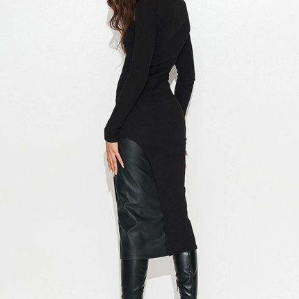 Chic Black Ribbed Knit Dress with Faux Leather Touch