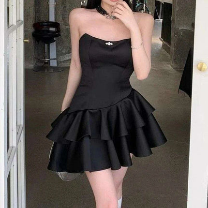 Chic Black Satin Strapless Ruffle Mini Dress for Women - Très Elite