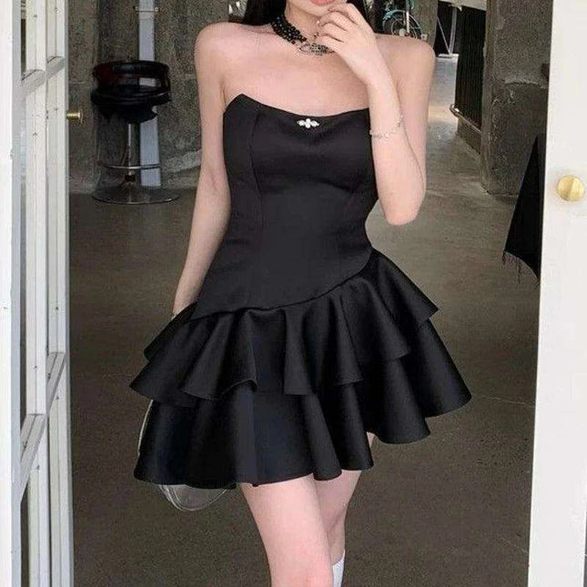 Chic Black Satin Strapless Ruffle Mini Dress for Women