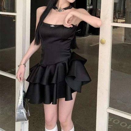 Chic Black Satin Strapless Ruffle Mini Dress for Women - Très Elite