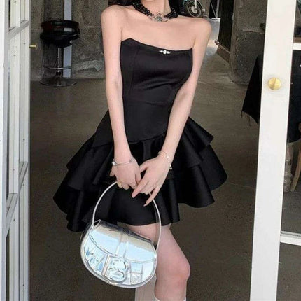Chic Black Satin Strapless Ruffle Mini Dress for Women - Très Elite