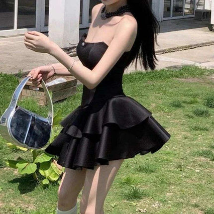 Chic Black Satin Strapless Ruffle Mini Dress for Women - Très Elite