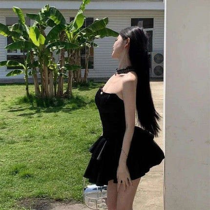 Chic Black Satin Strapless Ruffle Mini Dress for Women - Très Elite