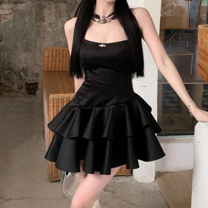 Chic Black Satin Strapless Ruffle Mini Dress for Women
