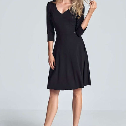 Chic Black V-Neck Midi Dress with Flared Skirt - Très Elite