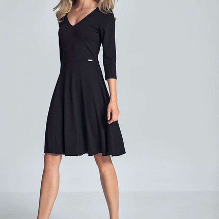 Chic Black V-Neck Midi Dress with Flared Skirt - Très Elite