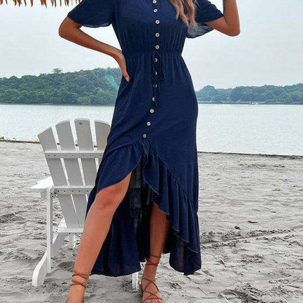 Chic Blue One Shoulder Ruffle Dress with Flowy Hem - Très Elite