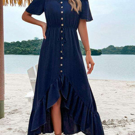 Chic Blue One Shoulder Ruffle Dress with Flowy Hem - Très Elite