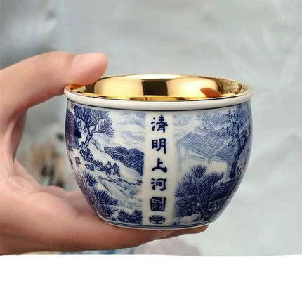 Chic Blue and White Enamel Ceramic Tea Cup Collection - Elevate Your Tea Experience..