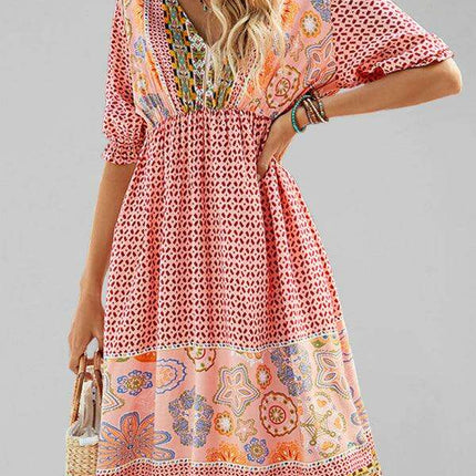 Chic Bohemian Short Sleeve V-Neck Dress for Women