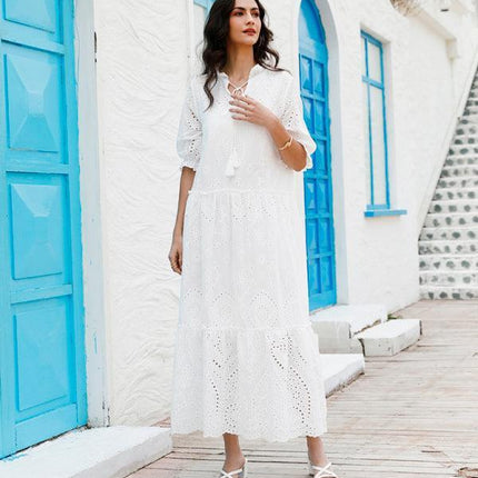 Chic Bohemian V-Neck Cotton Dress - Essential Summer Wardrobe Staple for Women- Très Elite- Très Elite