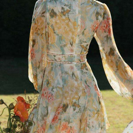 Chic Bohemian V-neck Swing Dress with Lace Trim and Puff Sleeves - Très Elite
