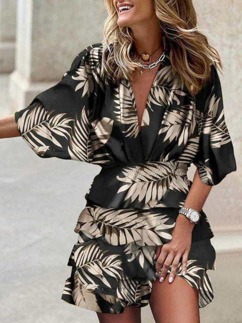 Chic Boho Batwing Sleeve V Neck Dress with Asymmetrical Hem