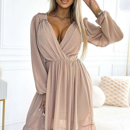 Chic Bottle Green Chiffon Midi Dress with Long Sleeves - Elegant Numoco Cocktail Fashion - Très Elite