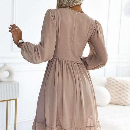 Chic Bottle Green Chiffon Midi Dress with Long Sleeves - Elegant Numoco Cocktail Fashion - Très Elite