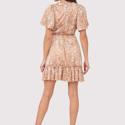 Chic Brown Frill-Trimmed Mini Dress with Flared Sleeves and V-Neckline