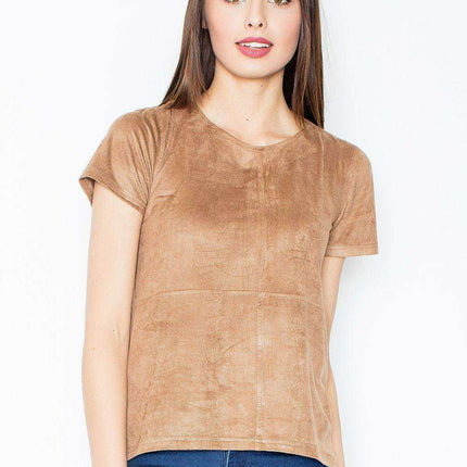 Chic Brown Short-Sleeve Blouse in Stretchy Polyester-Spandex Blend by Figl - Très Elite