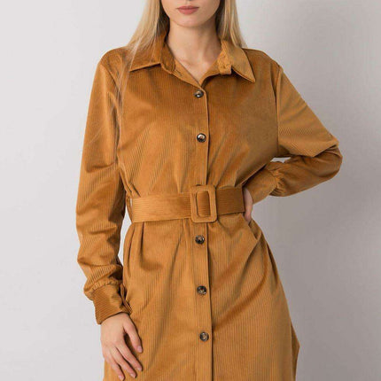 Chic Camel Button Down Dress With Belt For Everyday Daywear - Très Elite