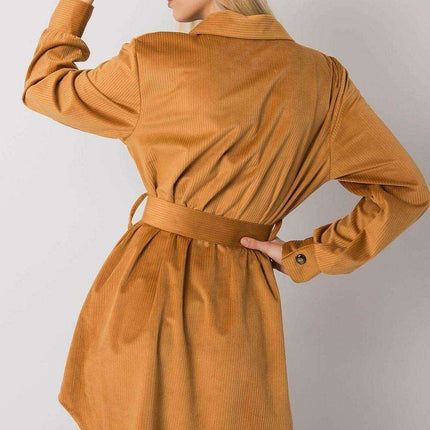 Chic Camel Button Down Dress With Belt For Everyday Daywear - Très Elite