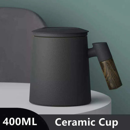 Chic Ceramic Tea Mug with Wooden Handle and Infuser Lid - Essential Drinkware for Every Occasion - Très Elite