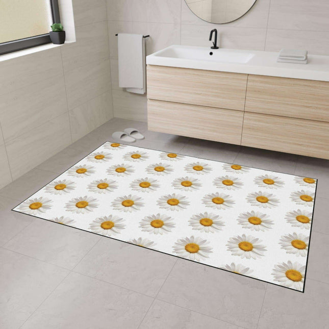 Chic Chamomile Floral Floor Mat with Elegant Black Accents